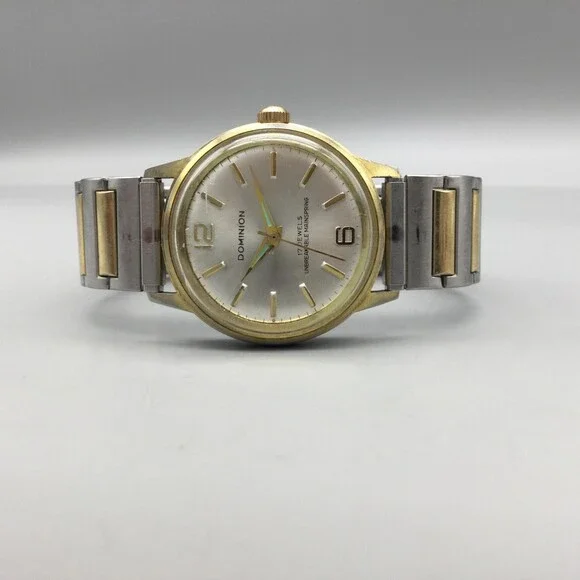 Vintage Dominion Mens Watch 34mm Silver Dial Manual 17 Jewels Two Tone Bracelet - Picture 5 of 14